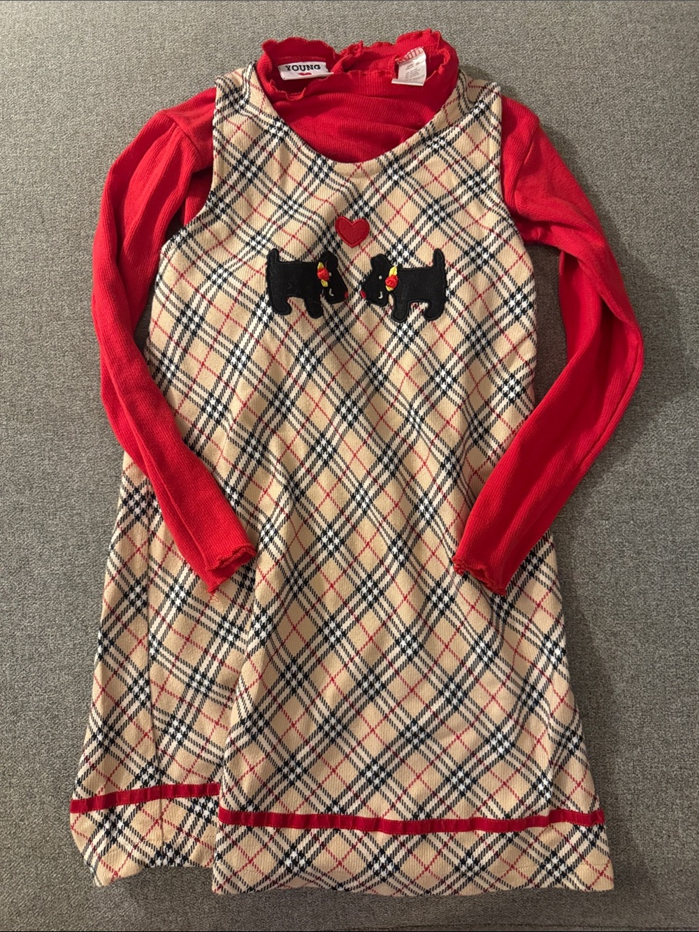 5/$15- Girls Plaid Knit Dress with Red Long-Sleeve Top